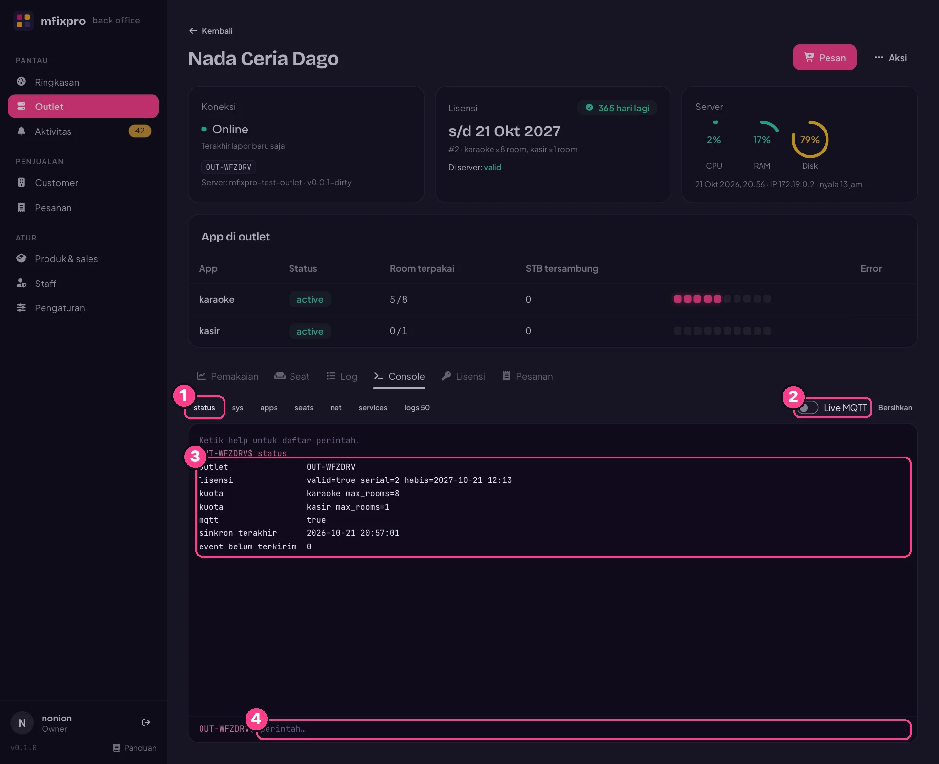 Halaman Tab Console dengan nomor penjelasan