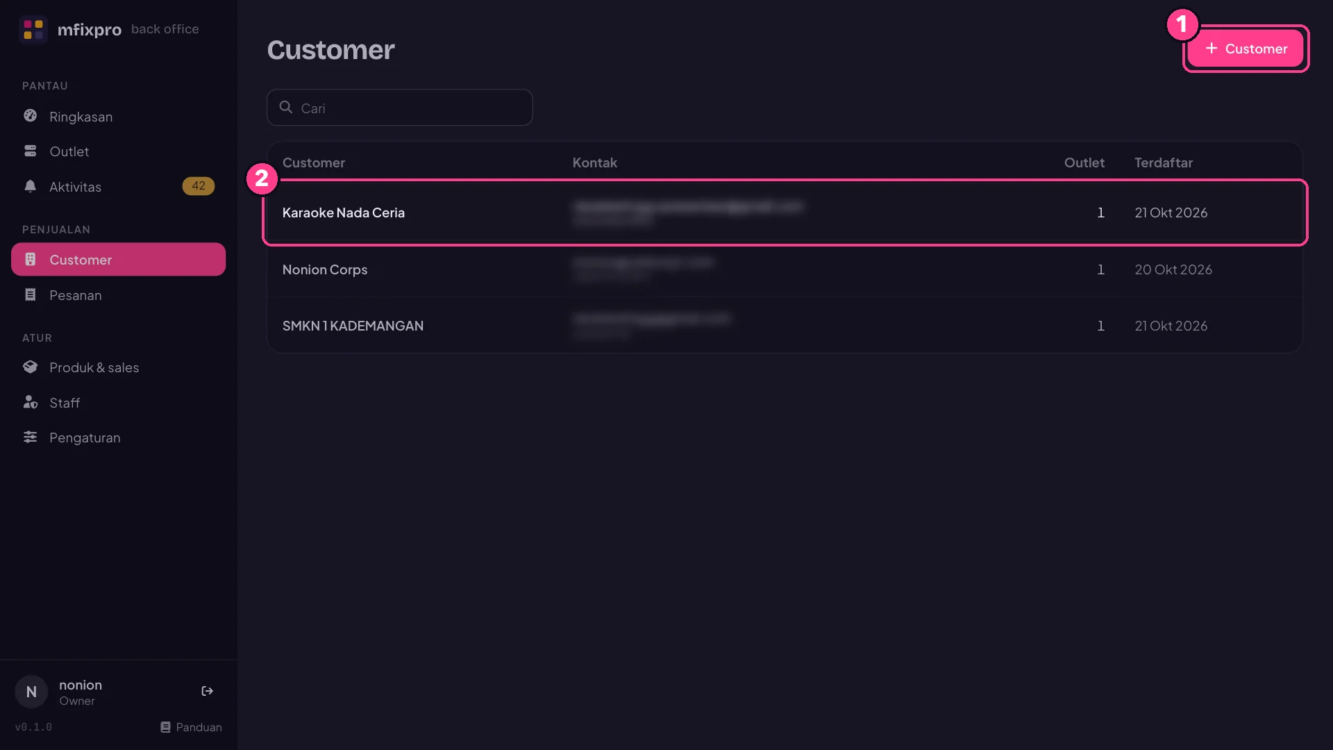 Halaman Customer dengan nomor penjelasan