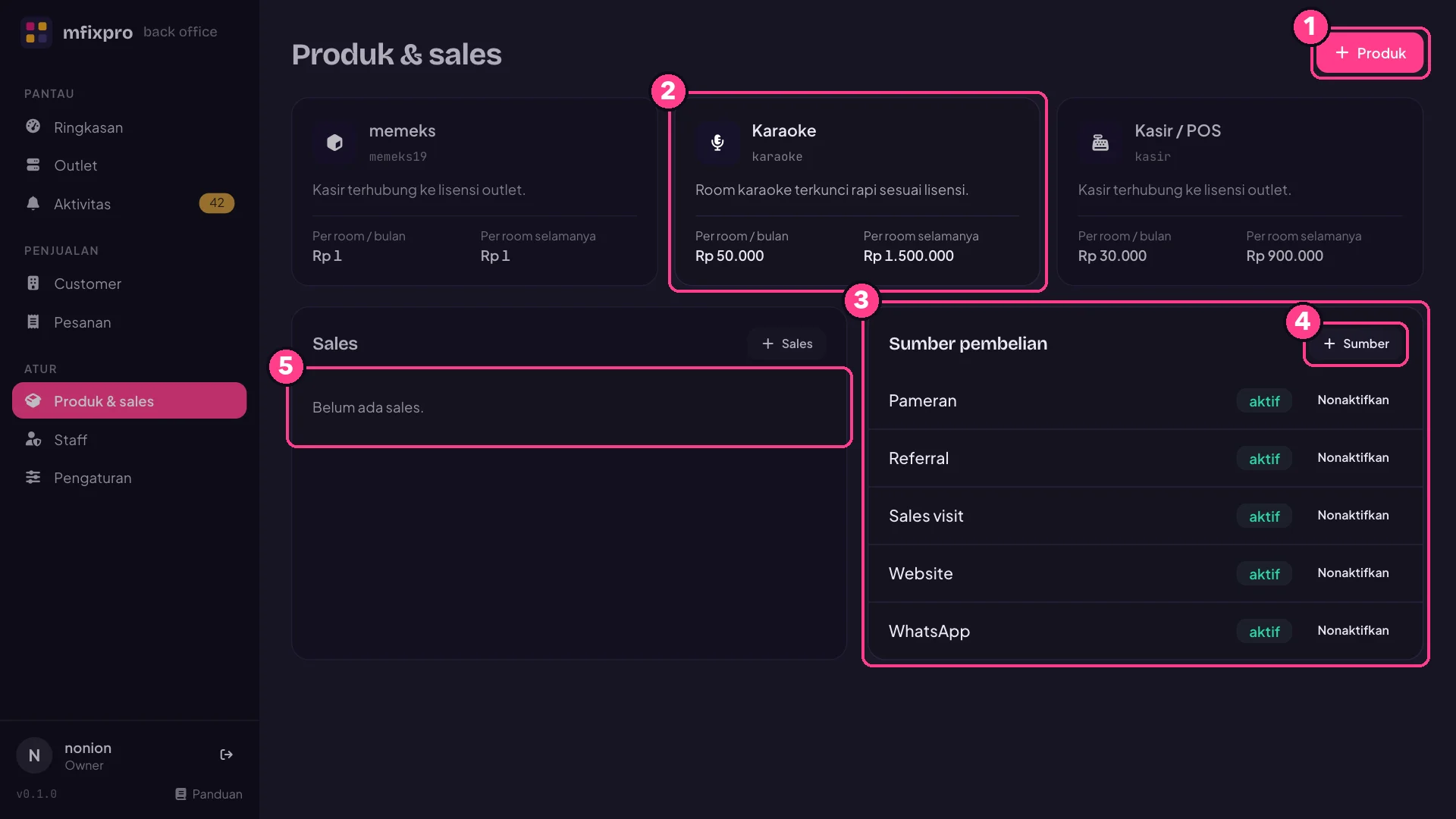 Halaman Produk & sales dengan nomor penjelasan