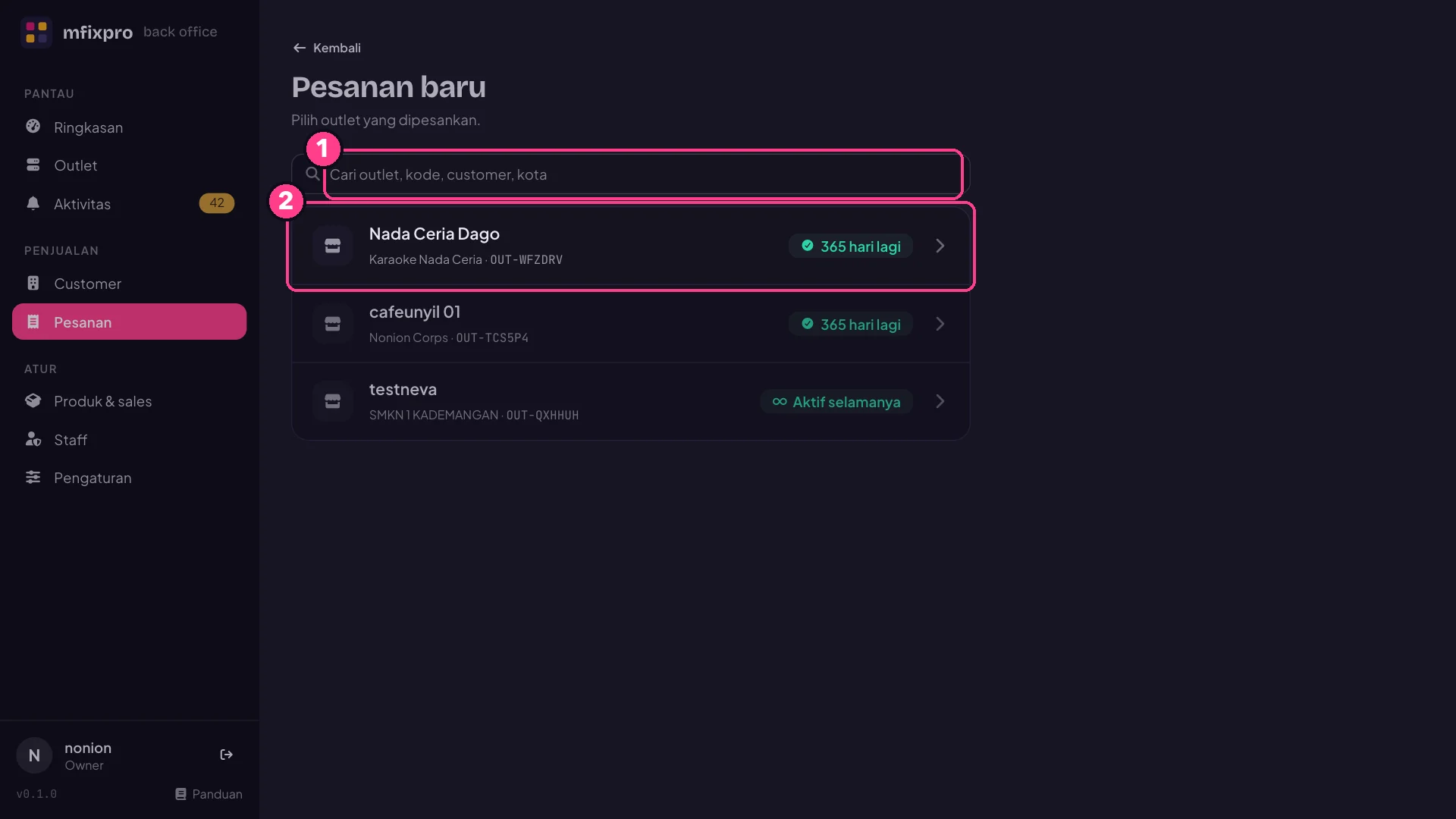 Halaman Pesanan baru dengan nomor penjelasan