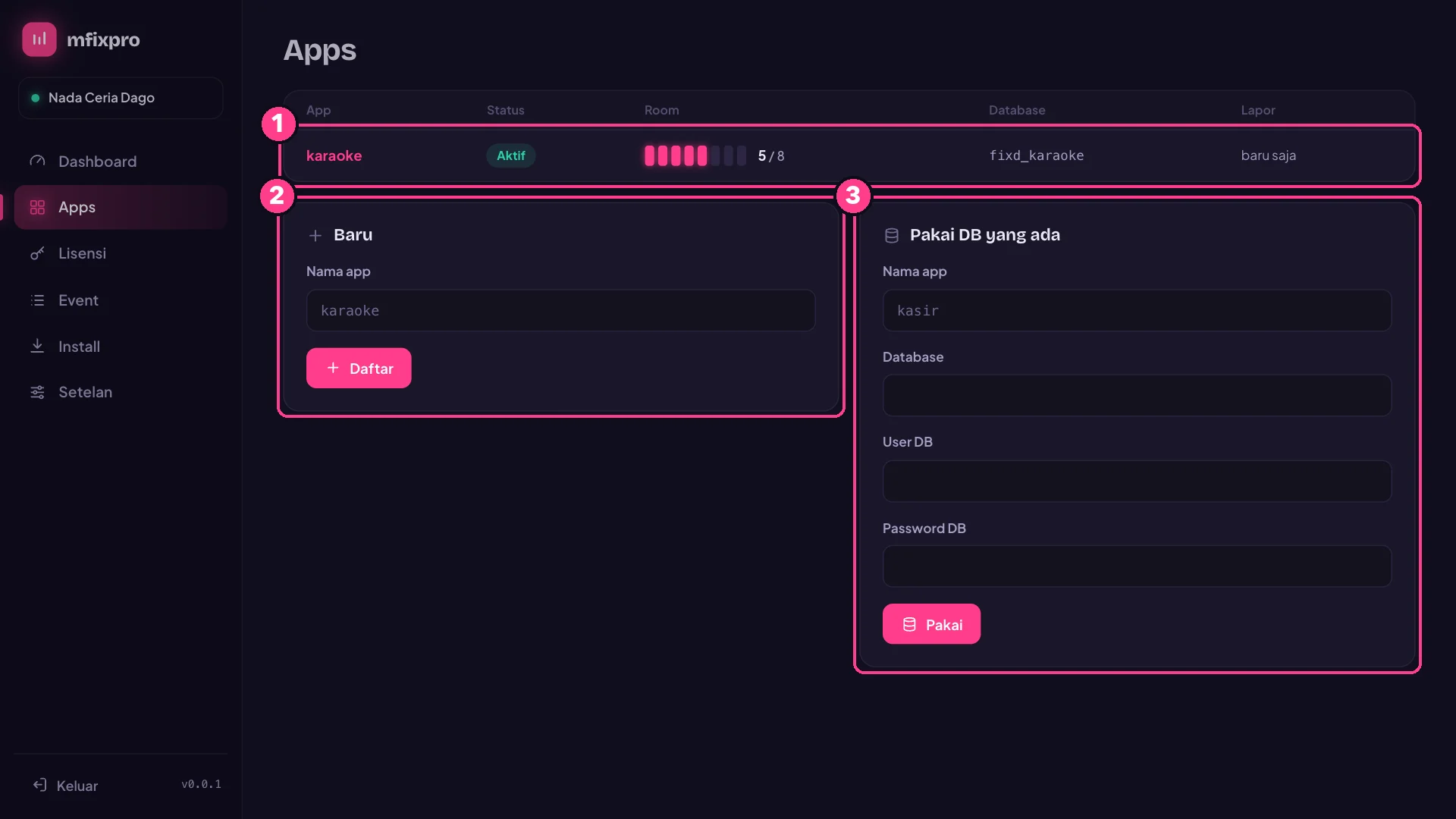 Halaman Apps dengan nomor penjelasan