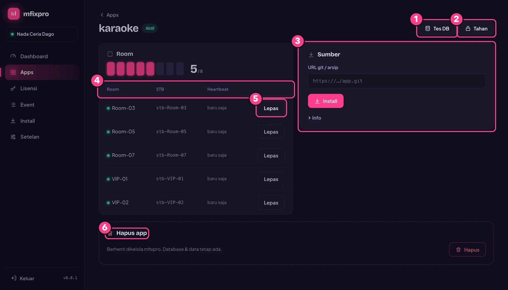 Halaman Detail app dengan nomor penjelasan