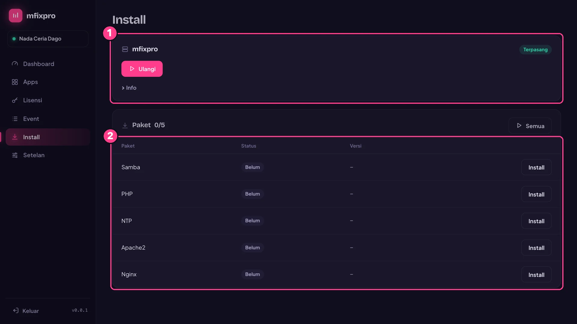 Halaman Install dengan nomor penjelasan