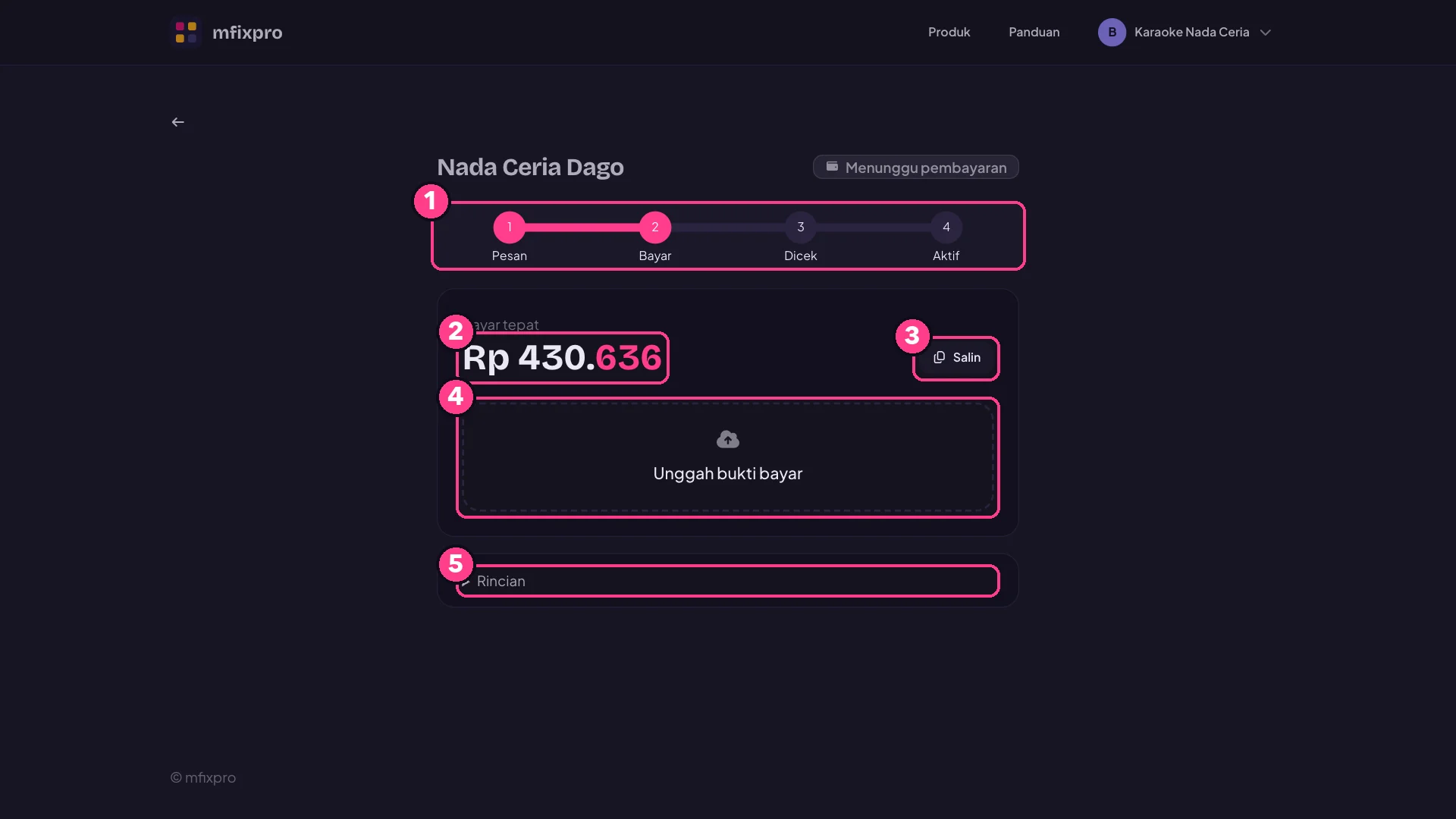 Halaman Pembayaran dengan nomor penjelasan